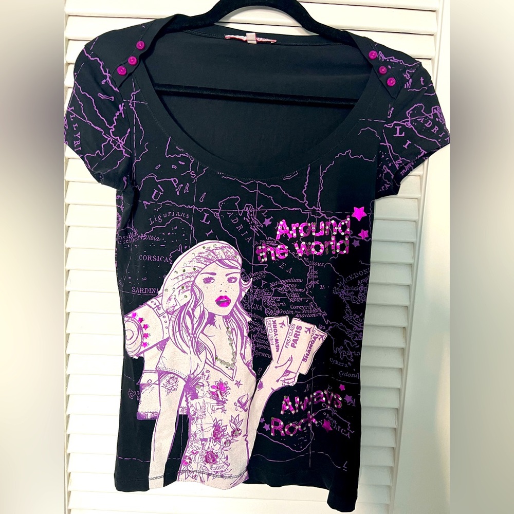 Y2K Black with purple glitter print t-shirt, tally weijl, S